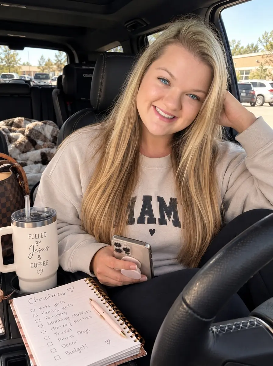 Kendyll in her car with her phone and a handwritten Christmas list: kids gifts, family gifts, teachers, stocking stuffers, travel, budget