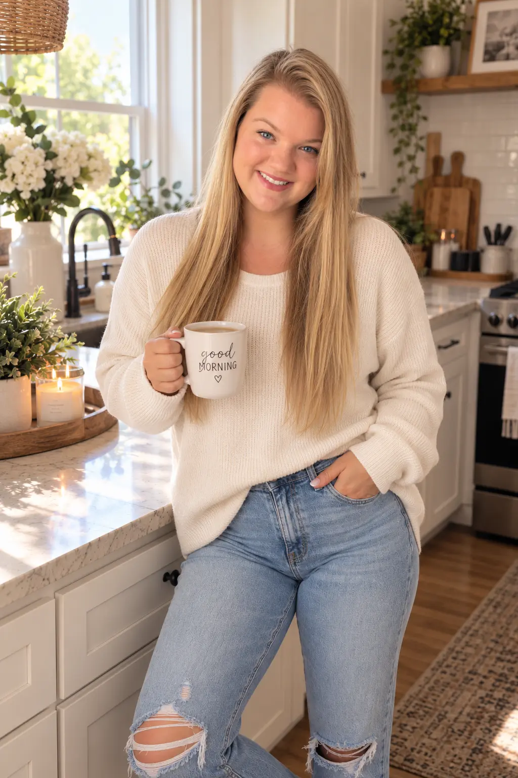 Kendyll in a white sweater holding a coffee mug in her kitchen